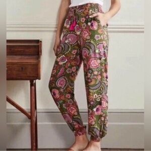 Boden Floral Print Olive & Pink Relaxed Jogger Pants, crinkle, tapered, pockets